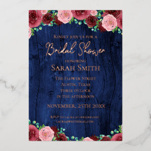 Rustikales Burgundy Navy Blue Rose Gold Brautparty Folieneinladung