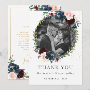 Rustikales burgundy Navy Blush Floral Wedding Foto Dankeskarte