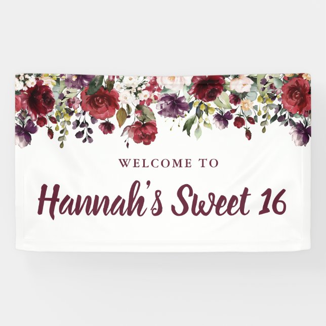 Rustikales Burgundy Red Floral Sweet 16 Party Banner (Horizontal)