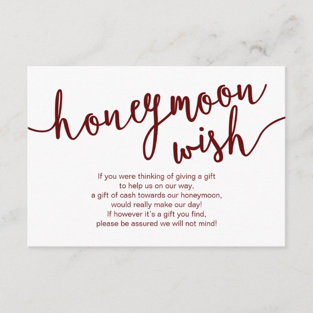 Rustikales Burgundy Script, Wedding Honeymoon Wish Begleitkarte (Vorderseite)