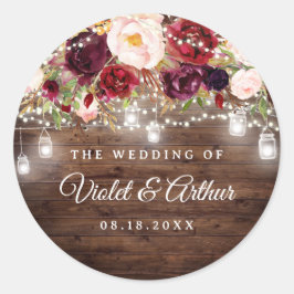Rustikales Burgundy String Lights Hochzeitsticker Runder Aufkleber