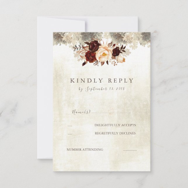 Rustikales Burgundy Wedding Floral UAWG RSVP Karte (Vorderseite)