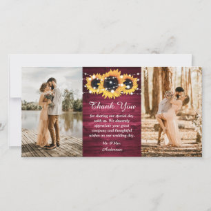 Rustikales Burgundy Wood Burlap Herz Sonnenblumen Dankeskarte