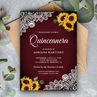 Rustikales Burgundy Wood Lace Sunflower Quinceaner Einladung
