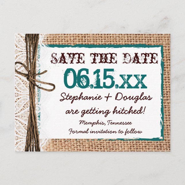 Rustikales Burlap Aquamarine Save the Date Postkar Ankündigungspostkarte (Vorderseite)