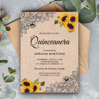 Rustikales Burlap Black Lace Sonnenblume Quinceane Einladung
