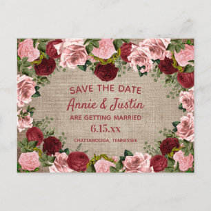 Rustikales Burlap Burgundy Blush Pink Floral Rett  Postkarte
