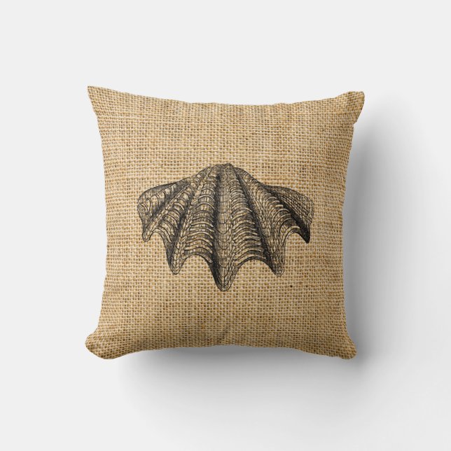Rustikales Burlap Custom Seashells Throw Kissen (Vorderseite)