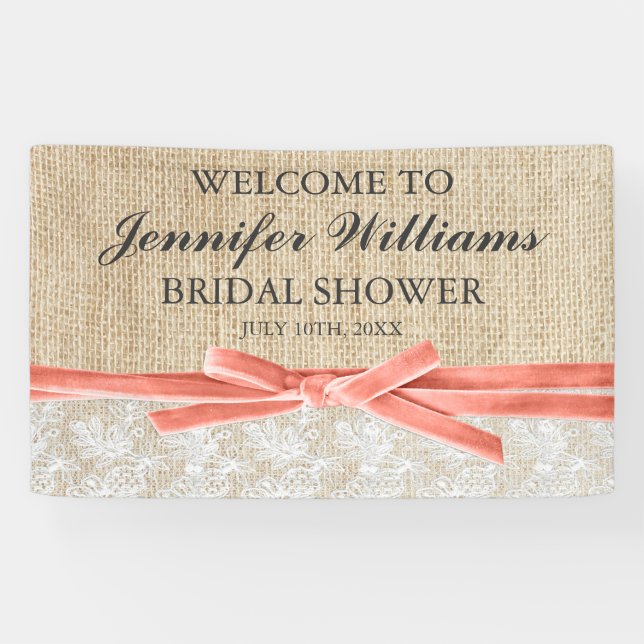 Rustikales Burlap Lace Corner Ribbon Brautparty Banner (Horizontal)