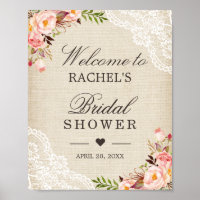 Rustikales Burlap Lace Floral Brautparty Zeichen