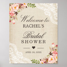 Rustikales Burlap Lace Floral Brautparty Zeichen Poster
