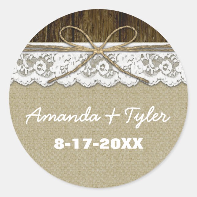 Rustikales Burlap Lace Gastgeschenk Hochzeit Stick Runder Aufkleber (Vorderseite)