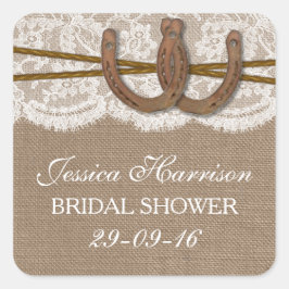 Rustikales Burlap & Lace Horseshoe Brautparty Quadratischer Aufkleber