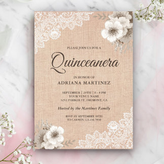 Rustikales Burlap Lace Ivory Floral Quinceanera Einladung