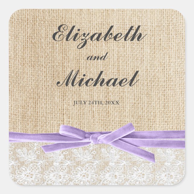 Rustikales Burlap Lace Lavender Ribbon Gevor Label Quadratischer Aufkleber (Vorderseite)