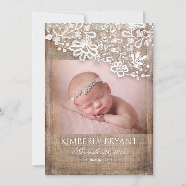 Rustikales Burlap Lace String Lights Foto Baby Bir Ankündigung (Vorderseite)