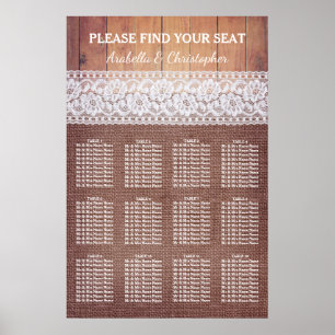 Rustikales Burlap Lace & Wood   12 Tabelle Seating Poster