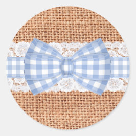 Rustikales Burlap mit Blue Gingham Wedding Runder Aufkleber