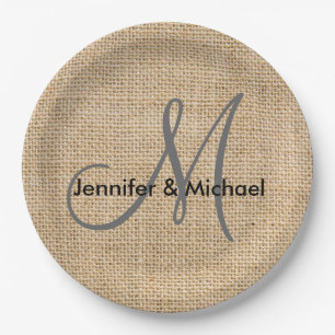 Rustikales Burlap Monogram Wedding Bride Groom Nam Pappteller