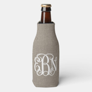 Rustikales Burlap Preppy Script Monogram Flaschenkühler