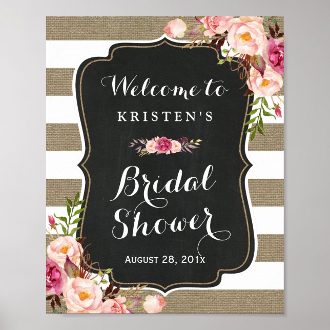 Rustikales Burlap Streifen Floral Brautparty Zeich Poster (Vorne)