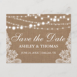 Rustikales Burlap-String-Lights Save the Date Ankündigungspostkarte