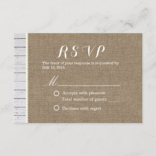 Rustikales Burlap- und Holzstreifen-Hochzeitsszena RSVP Karte