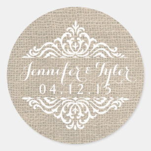 Rustikales Burlap Vintag Damask Hochzeitskleber Runder Aufkleber