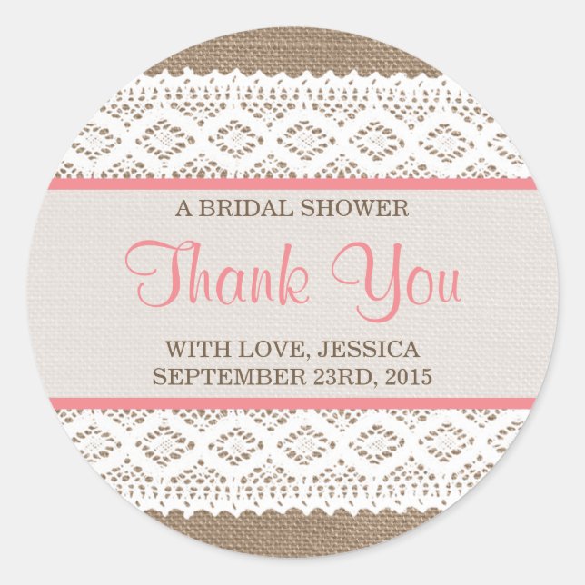 Rustikales Burlap & Vintages White Lace Brautparty Runder Aufkleber (Vorderseite)