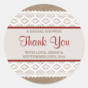 Rustikales Burlap & Vintages White Lace Brautparty Runder Aufkleber