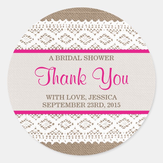 Rustikales Burlap & Vintages White Lace Brautparty Runder Aufkleber (Vorderseite)