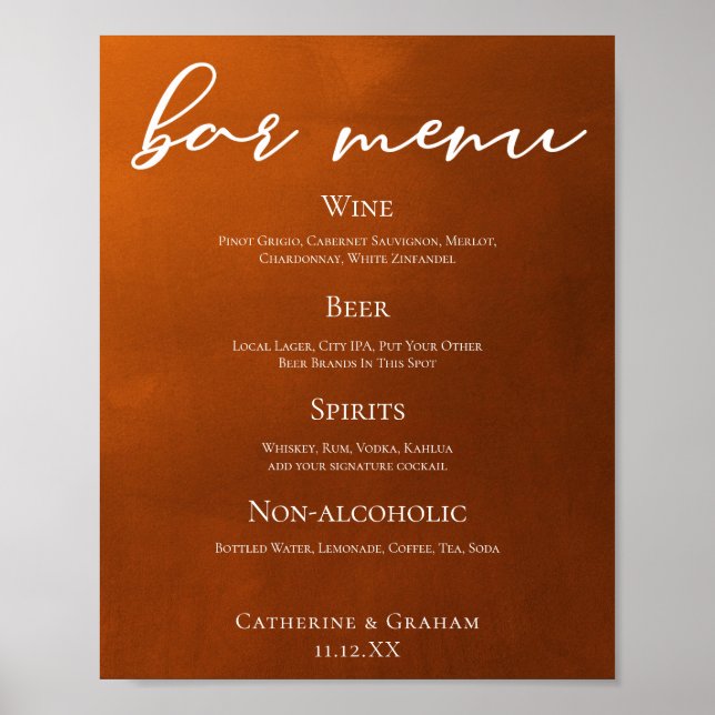 Rustikales Burnt Orange Bar Menu für Hochzeiten im Poster (Vorne)