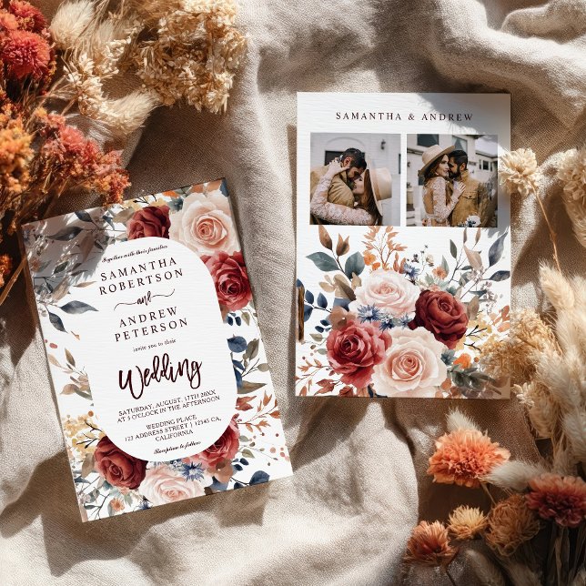 Rustikales Burnt Orange Boho Foto Hochzeit Einladung (Rustic Burnt Orange Boho Floral Photo Wedding Invitation)
