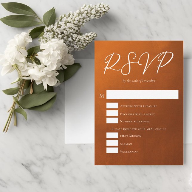 Rustikales Burnt Orange Boho Hochzeitsessen - Opti RSVP Karte (Von Creator hochgeladen)