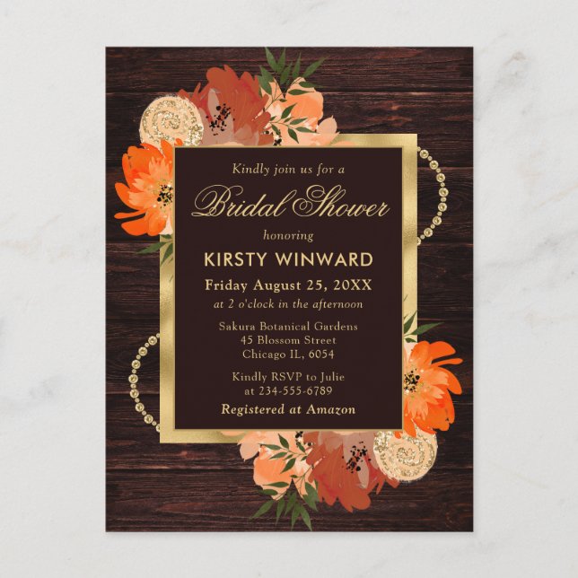 Rustikales Burnt Orange Fall Blume Brautparty Postkarte (Vorderseite)