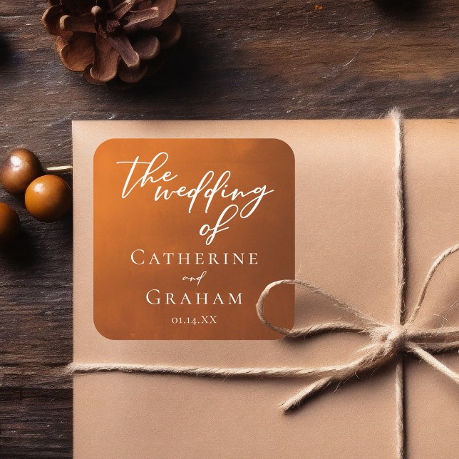 Rustikales Burnt Orange Typografie Boho Wedding Quadratischer Aufkleber (Von Creator hochgeladen)