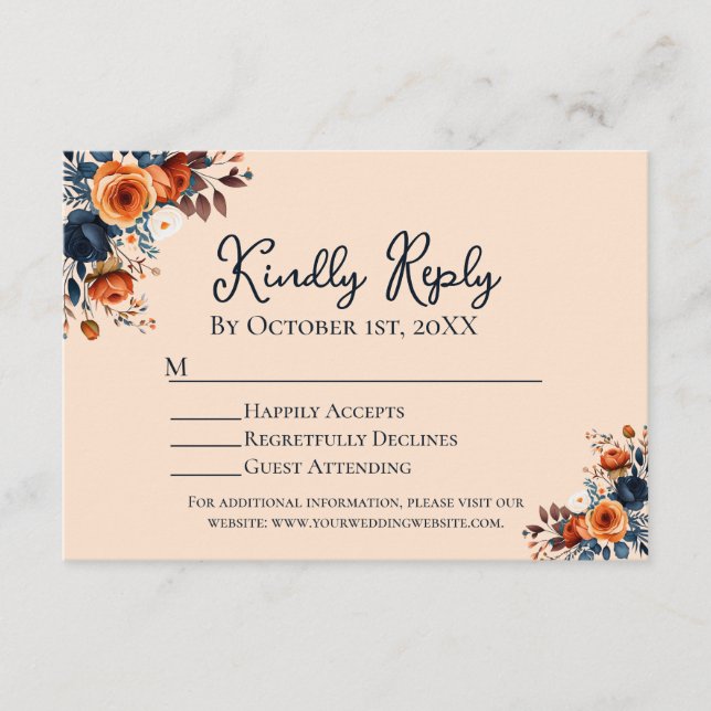 Rustikales Burnt Orange und Blue Wedding RSVP Begleitkarte (Vorderseite)