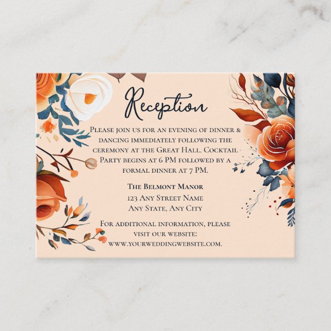 Rustikales Burnt Orange und Blue Wedding RSVP Begleitkarte (Vorderseite)
