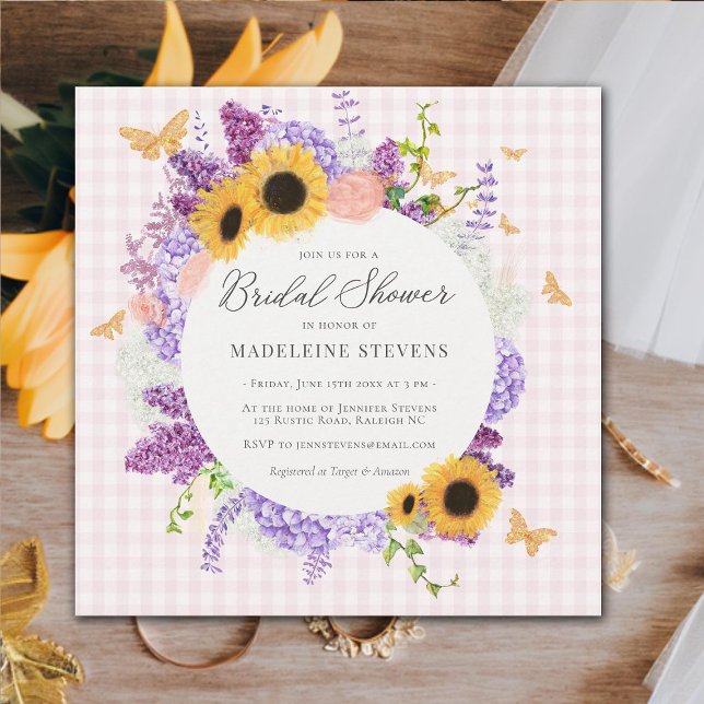 Rustikales Butterfly-Brautparty Hydrangea Einladung (rustic butterfly bridal shower invitation pink gingham sunflower hydrangea lilac wreath gold elegant)