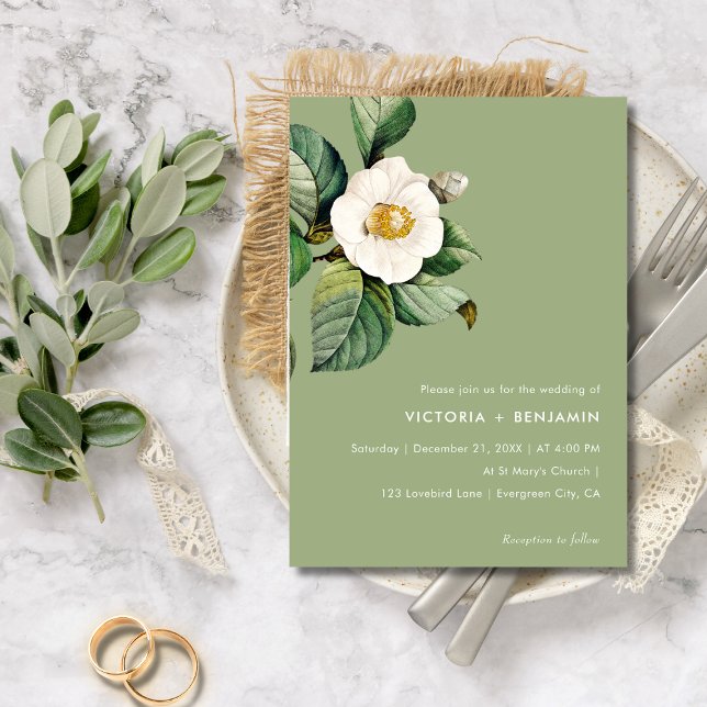 Rustikales Camelia Blumenstuhl Minimal Einfache Ho Einladung (Chic Bolder Color Camelia Floral Sage Wedding Invitation)