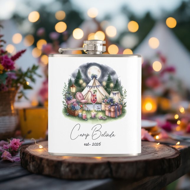Rustikales Camp Bridge Personalisiertes Gastgesche Flachmann (Rustic Camp Bride Personalized Party Favor Flask)