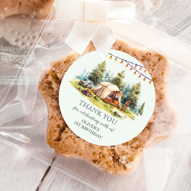 Rustikales Camping Geburtstagsparty Runder Aufkleber (Von Creator hochgeladen)