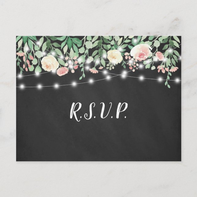 Rustikales Chalkboard Blush Floral Lights Hochzeit Einladungspostkarte (Vorderseite)