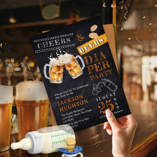 Rustikales Chalkboard Cheers & Biers Diaper Party Einladung