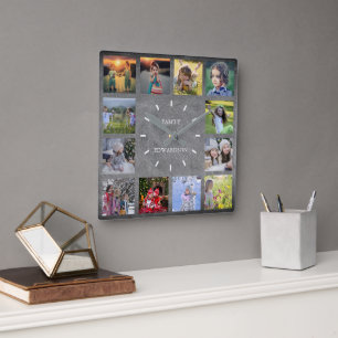 Rustikales Chalkboard Family Foto Collage Monogram Quadratische Wanduhr