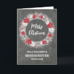 Rustikales Chalkboard Godtochter Frohe Weihnachten Karte<br><div class="desc">Frohe Weihnachten für die Patcherkarte mit rustikalem Country-Chalkboard-Muster und schneebedecktem Kranz mit Poinsettias.</div>