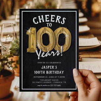 Rustikales Chalkboard Gold Balloons 100. Geburtsta Einladung