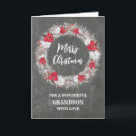 Rustikales Chalkboard Grandson Frohe Weihnachten Karte<br><div class="desc">Frohe Weihnachten für Enkelkarte mit rustikalem Country-Chalkboard-Muster und schneebedecktem Kranz mit Poinsettias.</div>