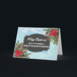 Rustikales Chalkboard Große Enkeltochter Weihnacht Karte<br><div class="desc">Frohe Weihnachten für die Urenkelterkarte mit rustikalem Kalkbrettmuster und winterlichem Laub mit Poinsettias.</div>