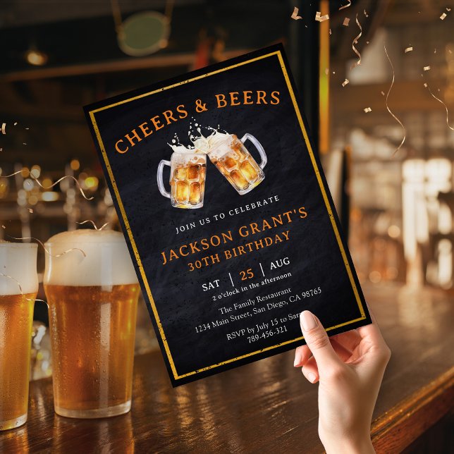 Rustikales Chalkboard jeden Alters Cheers & Biere  Einladung (Chic Navy Blue Beer Label Brewery Theme Birthday Invitation)